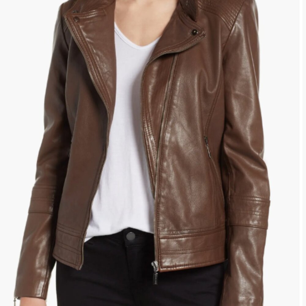 Bernardo Leather Moto Jacket Saddle Brown Small NWOT